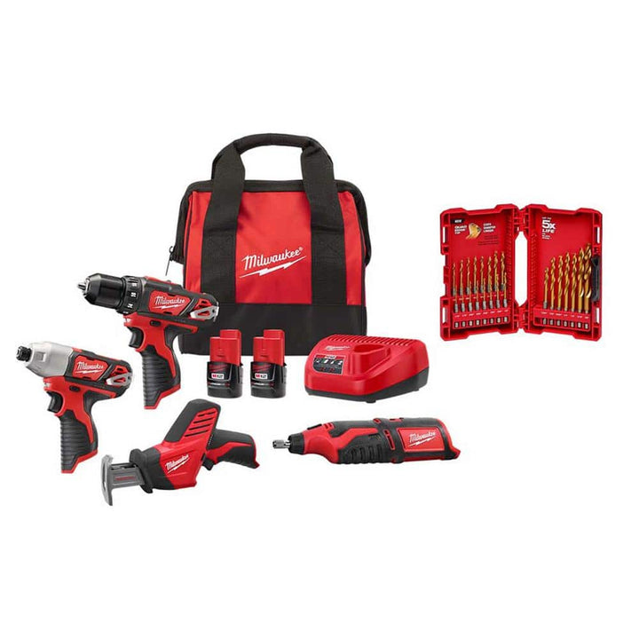 Milwaukee M12 12V Lithium-Ion Cordless 4-Tool Combo Kit with (2) Compact 1.5Ah Batteries, Charger, and SHOCKWAVE 23-Pc Bit Set