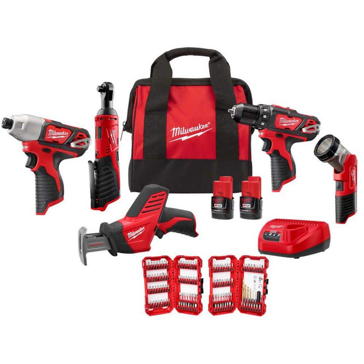 Milwaukee M12 12V Lithium-Ion Cordless 5-Tool Combo Kit with SHOCKWAVE Impact Duty Titanium Drill Bit Set (15-Piece)