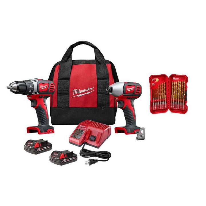 Milwaukee M18 18V Lithium-Ion Cordless Drill/Driver & Impact Driver Combo Kit (2-Tool) with 23-Piece Drill Bit Set