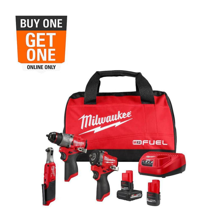 Milwaukee M12 FUEL 12V Cordless Drill/Driver, 3/8 in. Impact Wrench & 3/8 in. High-Speed Ratchet Combo Kit with Batteries, Charger & Bag