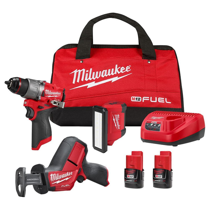 Milwaukee M12 FUEL 12-Volt Li-Ion Brushless Cordless Hammer Drill Combo Kit with Reciprocating Saw and Flood Light