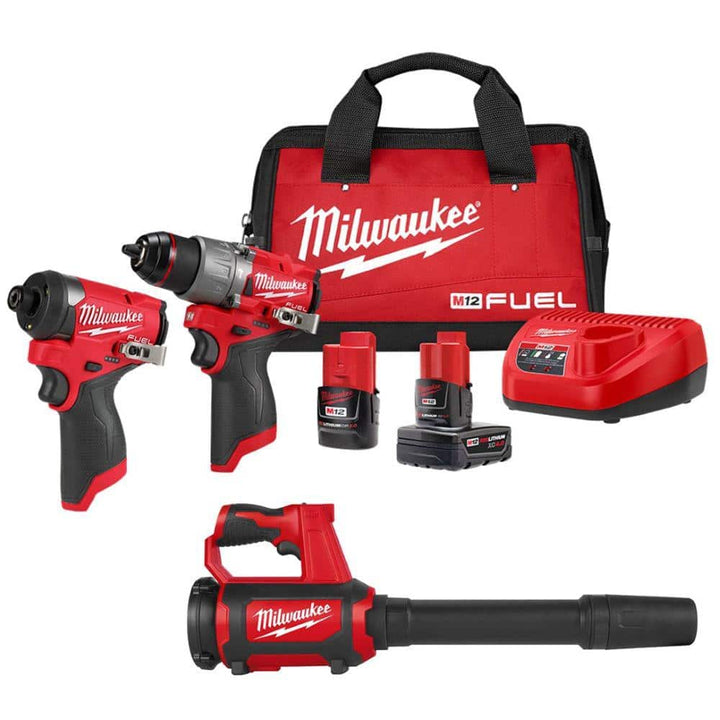 Milwaukee M12 FUEL 12-Volt Li-Ion Brushless Cordless Hammer Drill & Impact Driver Combo Kit with 2 Batteries, Charger, Bag & 60-Pc Bit Set