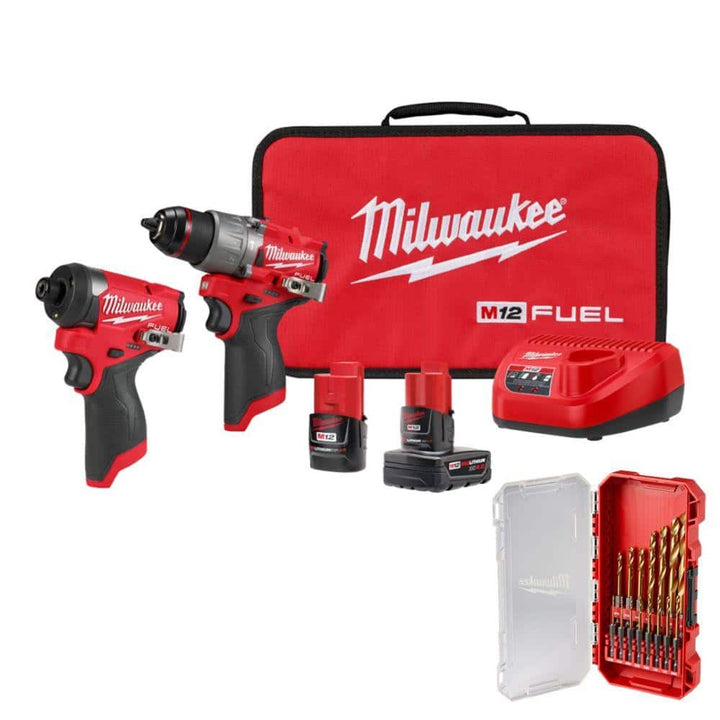 Milwaukee M12 FUEL 12-Volt Brushless Cordless Subcompact Drill & Impact Driver Combo Kit with 2 Batteries, Charger, Bag + 15‑Piece Titanium Drill Bit Set