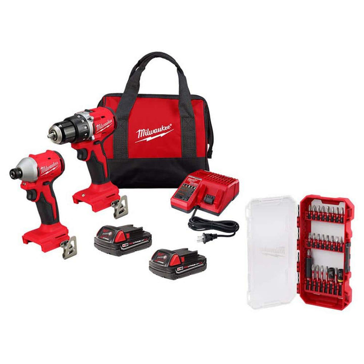 Milwaukee M18 18V Lithium-Ion Brushless Cordless Compact Drill/Impact Combo Kit with (2) 2.0Ah Batteries, Charger & 25-Piece Bit Set