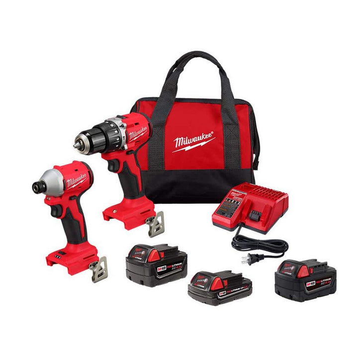 Milwaukee M18 18V Brushless Cordless Compact Hammer Drill/Impact Driver Combo Kit with (2) Batteries, M18 5.0Ah Battery & Charger