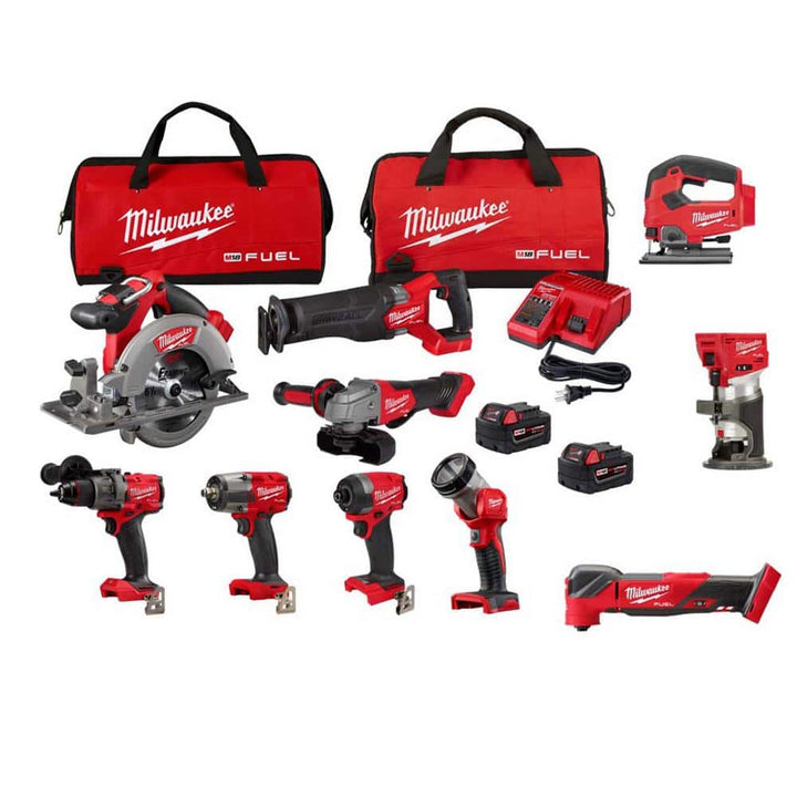 Milwaukee M18 FUEL 18-Volt Lithium-Ion Brushless Cordless 10-Tool Combo Kit with (2) 5.0Ah Batteries, Charger and (2) Tool Bags