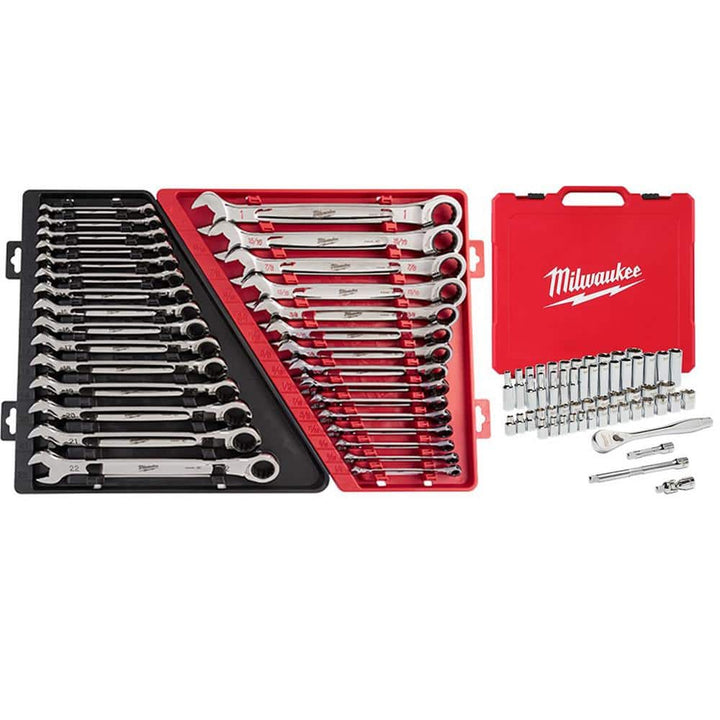 Milwaukee SAE Ratcheting Combination Wrench Set with 1/4 in. Drive SAE/Metric Ratchet and Socket Mechanics Tool Set (40-Piece)