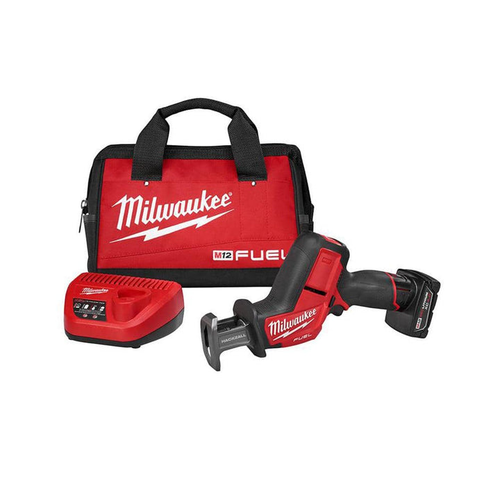 Milwaukee M12 FUEL 12-Volt Brushless Cordless HACKZALL Reciprocating Saw Kit with 4.0Ah Battery, Charger, Bag + M12 3/8 in. Right Angle Drill