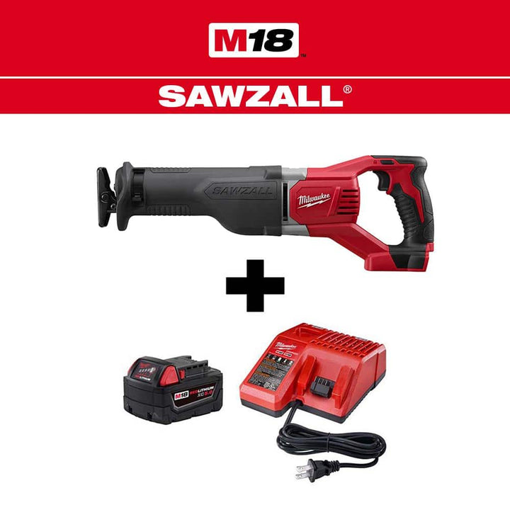 Milwaukee M18 18-Volt Lithium-Ion Cordless SAWZALL Reciprocating Saw with M18 Starter Kit, 5.0Ah Battery & Charger