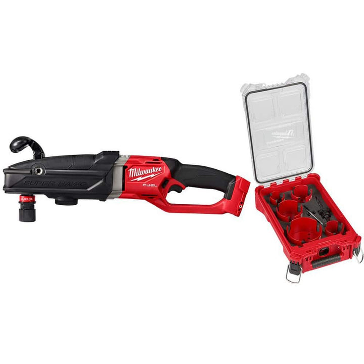 Milwaukee M18 FUEL 18-Volt Lithium-Ion Brushless Cordless GEN 2 SUPER HAWG 7/16 in. Right Angle Drill with 9pc PACKOUT Hole Saw Kit