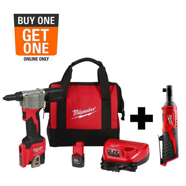 Milwaukee M12 12-Volt Lithium-Ion Cordless Rivet Tool Kit with M12 3/8 in. Ratchet