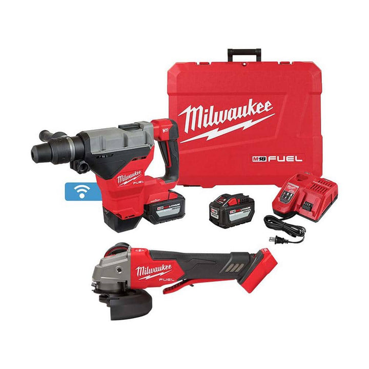 Milwaukee M18 FUEL ONE-KEY 18V Lithium-Ion Brushless Cordless 1-3/4 in. SDS-MAX Rotary Hammer Kit with 2x 12.0Ah Batteries, Rapid Charger & M18 FUEL Grinder