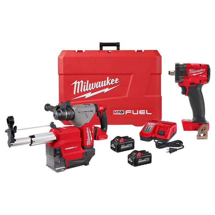 Milwaukee M18 FUEL 18V Lithium-Ion Brushless 1-1/8 in. Cordless SDS-Plus Rotary Hammer Kit with Dust Extractor, 2 XC6.0 Batteries, Rapid Charger & M18 FUEL Impact Wrench
