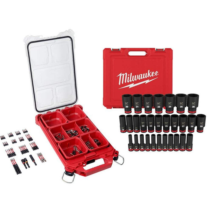 Milwaukee SHOCKWAVE Screw Driver Bit Set with PACKOUT Case and 1/2 in. Drive SAE Deep Well Impact Socket Set, 129-Piece