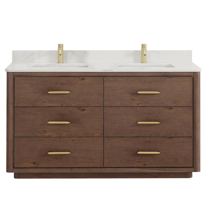 Miseno Porto 60-in Free Standing Double Sink Bathroom Vanity with Solid Wood Cabinet and Quartz Top, Backsplash, and Undermount Ceramic Basins