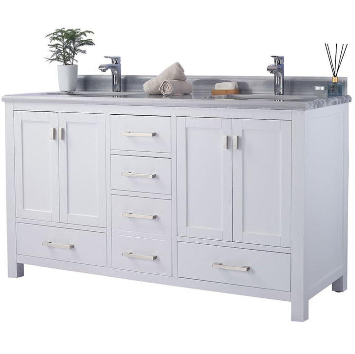 Miseno Prim 60" Free Standing Bathroom Vanity Set – White Solid Oak Cabinet, Cultured Marble Top, Dual Undermount Sinks (Mirror Sold Separately)