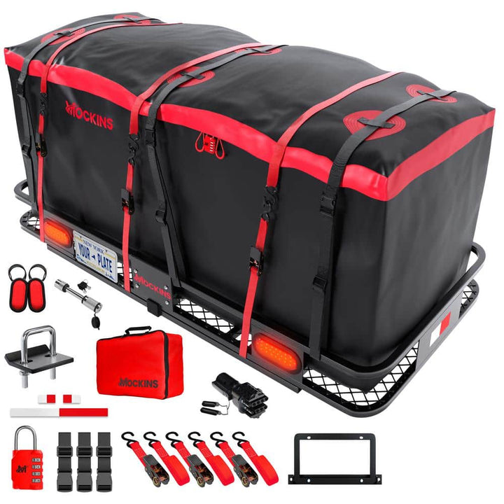 Mockins 70 in. x 30 in. x 6 in. 500 lbs Capacity XL Hitch Cargo Carrier w/Rear Lights, 40 CuFt Red Cargo Bag, Locks and Straps