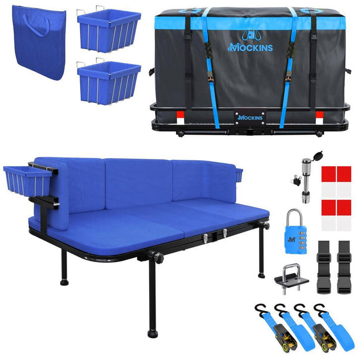 Mockins 48in x 18in x 6in. 2-in-1 Hitch Mount Cargo Carrier and Hitch Bench with 15CuFt Cargo Bag, Cushion Set and Accessories