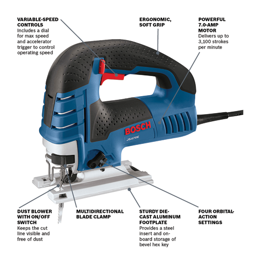 Bosch 7 Amp Corded Variable Speed Top-Handle Jig Saw Kit with Case + Bonus T‑Shank Jig Saw Blades (15-Pack)