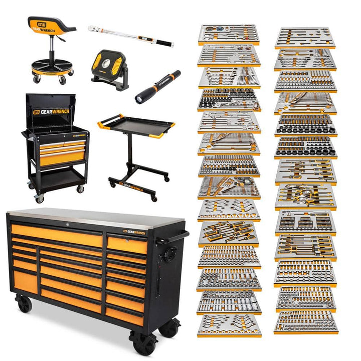 GEARWRENCH MEGAMOD 72 in. x 25 in. 18-Drawer Mobile Workbench Cabinet with Master Mechanics Tool Set in Foam Trays (1,268-Pieces)