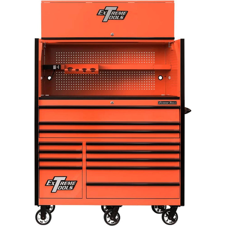 Extreme Tools RX Professional 55 in. W x 25 in. D 12-Drawer Roller Cabinet and Top Hutch Combo in Orange with Black Drawer Pulls