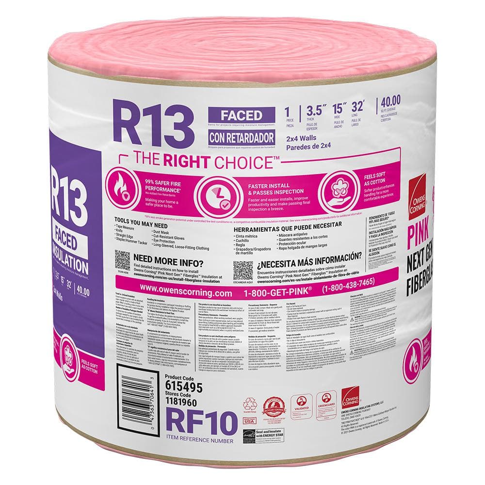 Owens Corning PINK EcoTouch R-13 Kraft Faced Fiberglass Insulation Roll, 15 in. x 32 ft., 40 sq. ft.