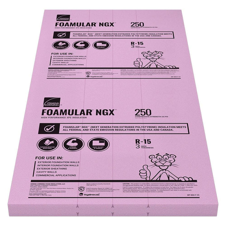 Owens Corning FOAMULAR NGX 250 XPS Foam Board Insulation, R-15, 25 PSI, 3 in. x 4 ft. x 8 ft., Scored Square Edge