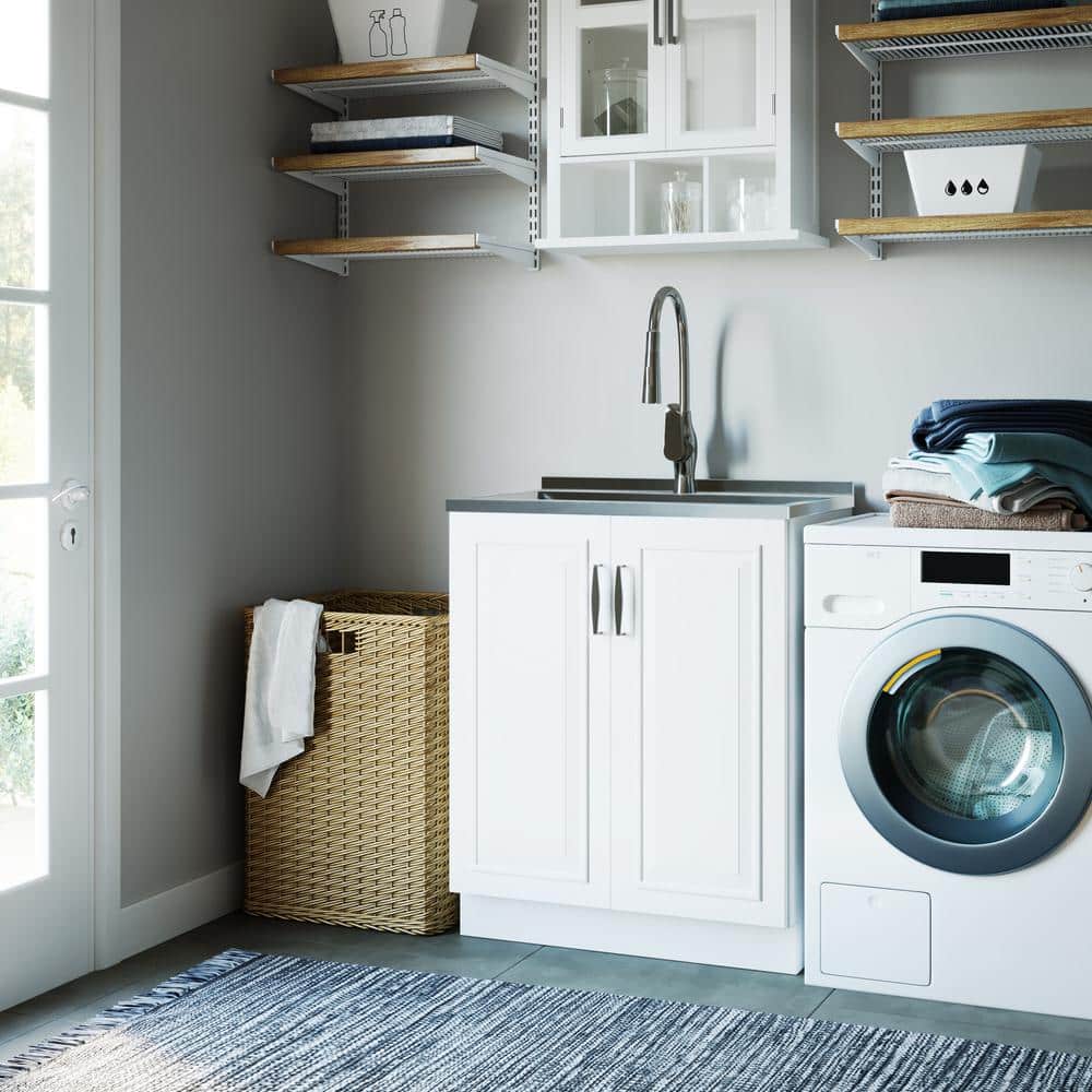 Simpli Home Darwin 28-Inch Utility Sink & Cabinet in White with Stainless Steel Sink