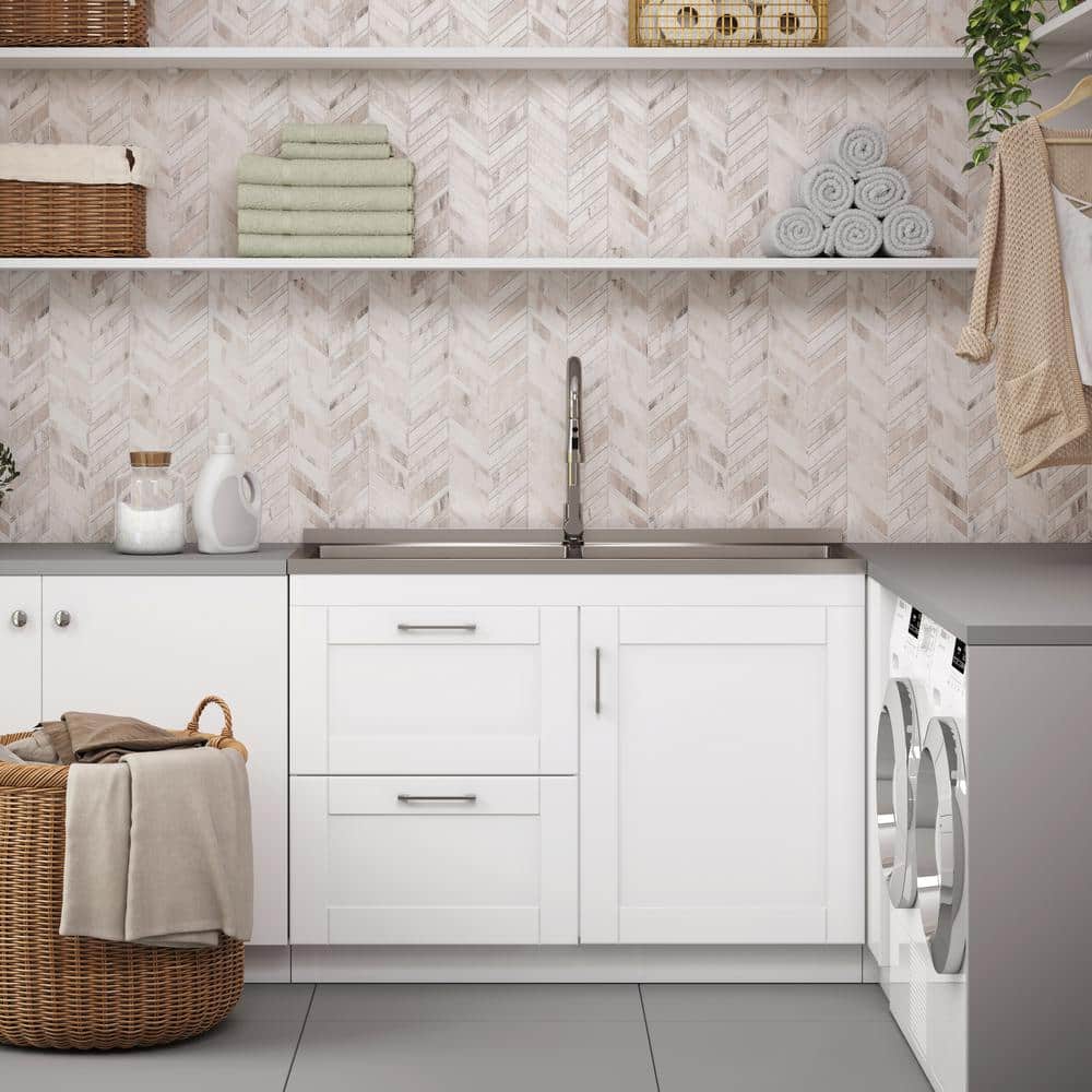 Simpli Home Modern Wide Shaker All-in-One 46-Inch Utility Laundry Sink with Cabinet, Pure White