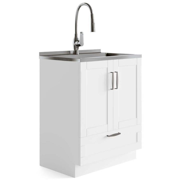Simpli Home Reed All-in-One 28 in. Utility Laundry Sink with Cabinet in Pure White