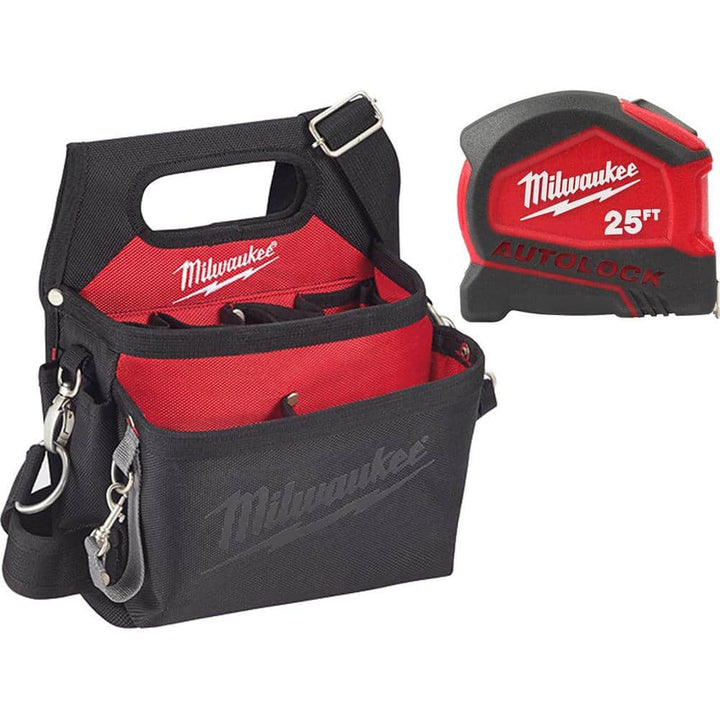 Milwaukee 15‑Pocket Electrician’s Tool Pouch with Quick‑Adjust Belt + 25 ft. Compact Auto‑Lock Tape Measure (Model 48-22-8112/48-22-6825)