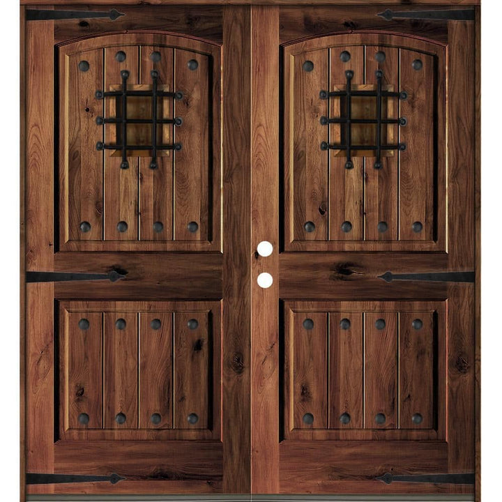 72 in. x 80 in. Mediterranean Knotty Alder Arch Top with Red Mahogany Stain Right-Hand Wood Double Prehung Front Door