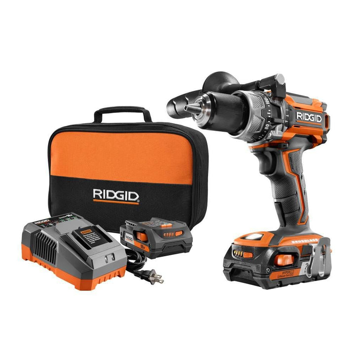 RIDGID 18-Volt Lithium-Ion Cordless Brushless 1/2 in. Compact Hammer Drill Kit with (2) 2.0 Ah Batteries, Charger and Bag