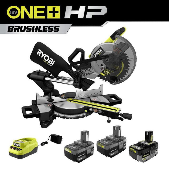 RYOBI ONE+ HP 18V Brushless Cordless 10 in. Sliding Compound Miter Saw Kit with (3) 4.0 Ah Batteries and Charger