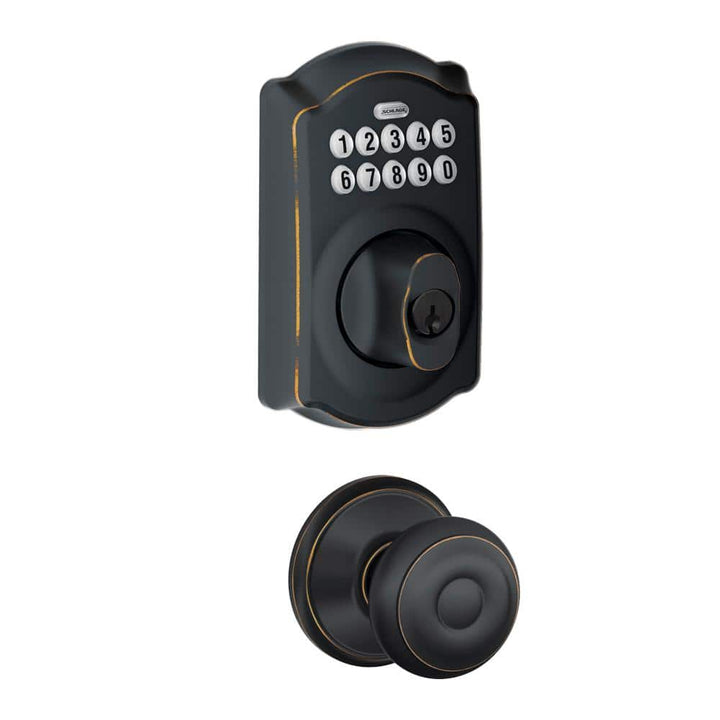Schlage Camelot Keypad Electronic Door Lock Deadbolt with Georgian Knob, Aged Bronze
