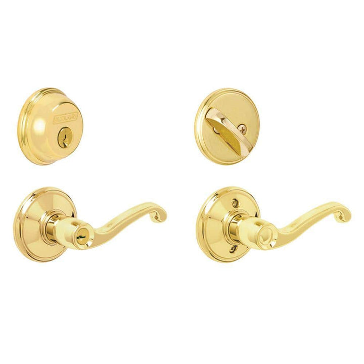 Schlage Bright Brass Single Cylinder Deadbolt with Flair Keyed Entry Door Lever Combo Pack