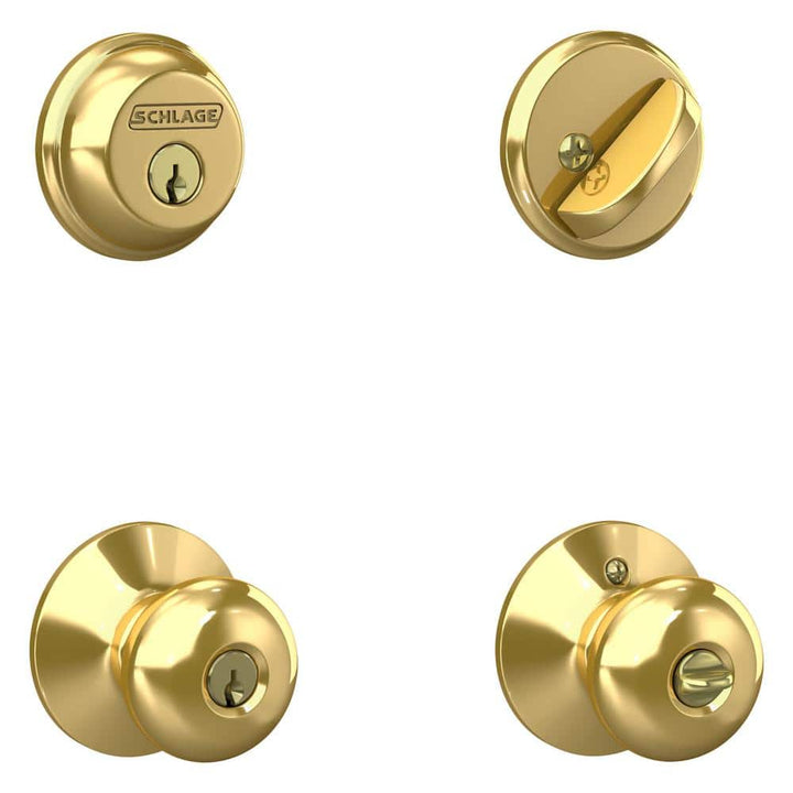 Schlage Plymouth Single Cylinder Bright Brass Knob Combo Pack with Deadbolt