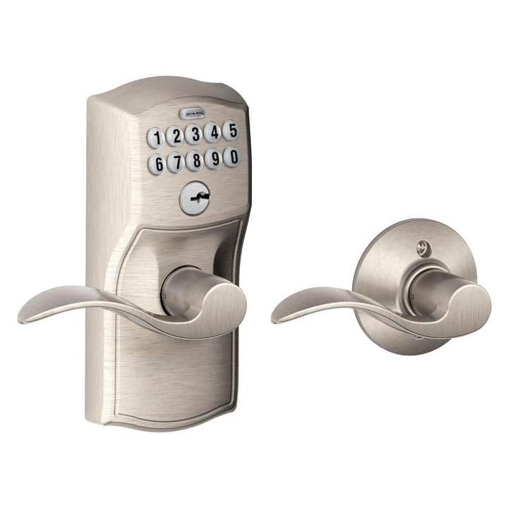 Schlage Camelot Satin Nickel Electronic Keypad Door Lock with Accent Lever, Auto-Lock
