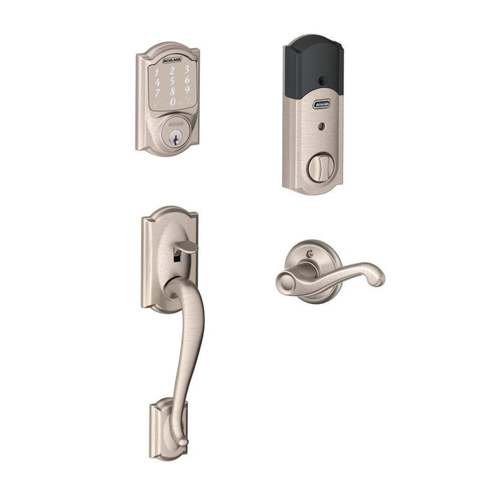 Schlage Camelot Satin Nickel Sense Smart Door Lock with Left-Handed Flair Lever Handleset