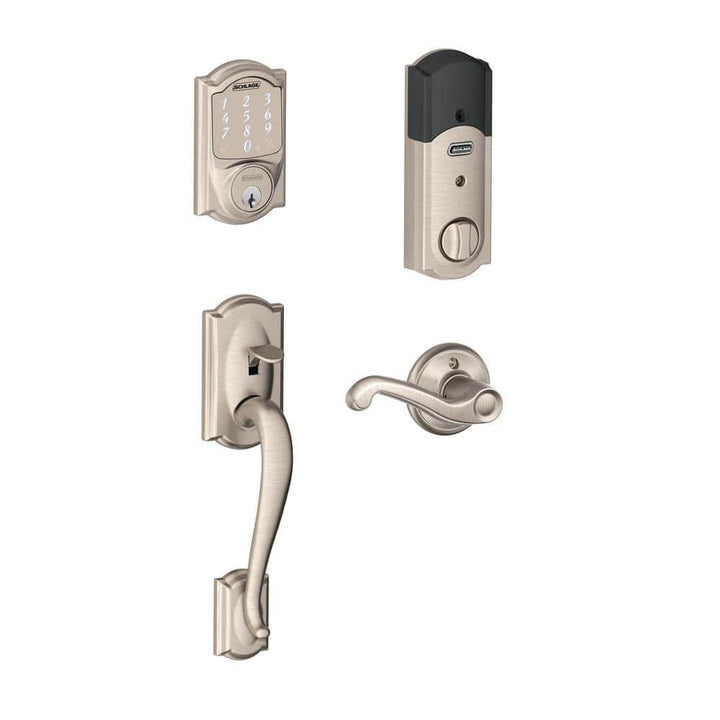 Schlage Camelot Satin Nickel Sense Smart Door Lock with Right-Handed Flair Lever Handleset