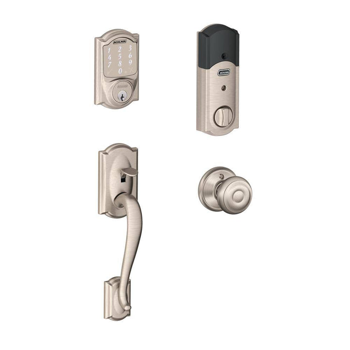 Schlage Camelot Satin Nickel Sense Smart Door Lock with Georgian Knob Handleset