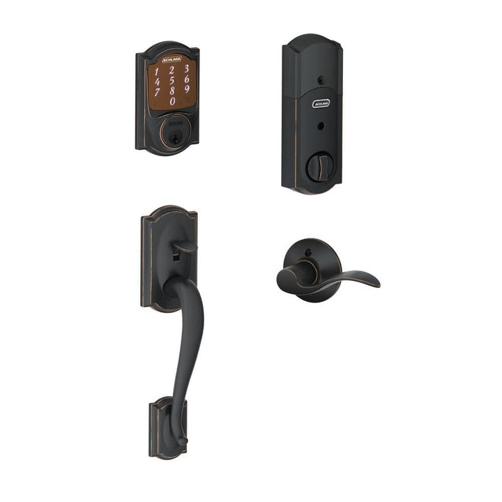 Schlage Camelot Aged Bronze Sense Smart Lock with Accent Lever Door Handleset