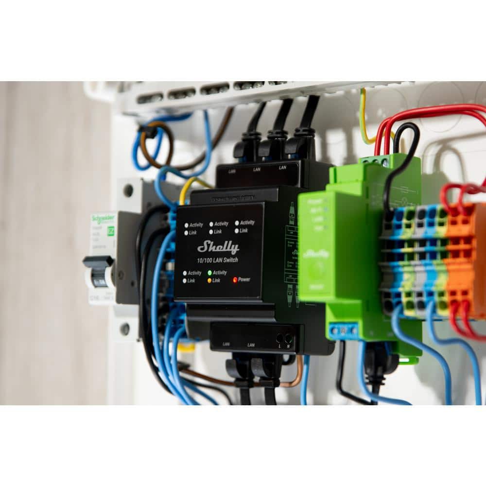 Shelly LAN Switch, 5 Port RJ45 10/100 Mbps Fast Ethernet Switch, DIN-Mountable, Fanless, Plug and Play, Energy-Saving