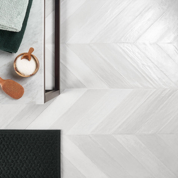 Lux Tile Sculpt White Chevron 24x48 Natural Porcelain Tile