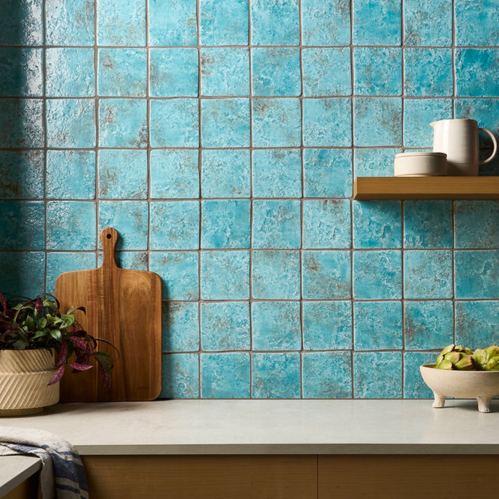 Greta Lagoon Blue 5x5 Glossy Textured Porcelain Tile by Lux Tile