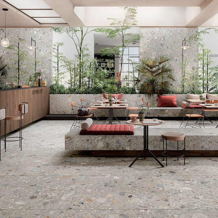 Rizo Earth Gray 24x48 Terrazzo Look Matte Porcelain Tile