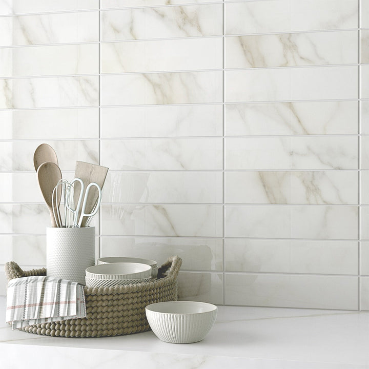 Amalfi Calacatta White 3x12 Polished Ceramic Subway Tile - Lux Tile