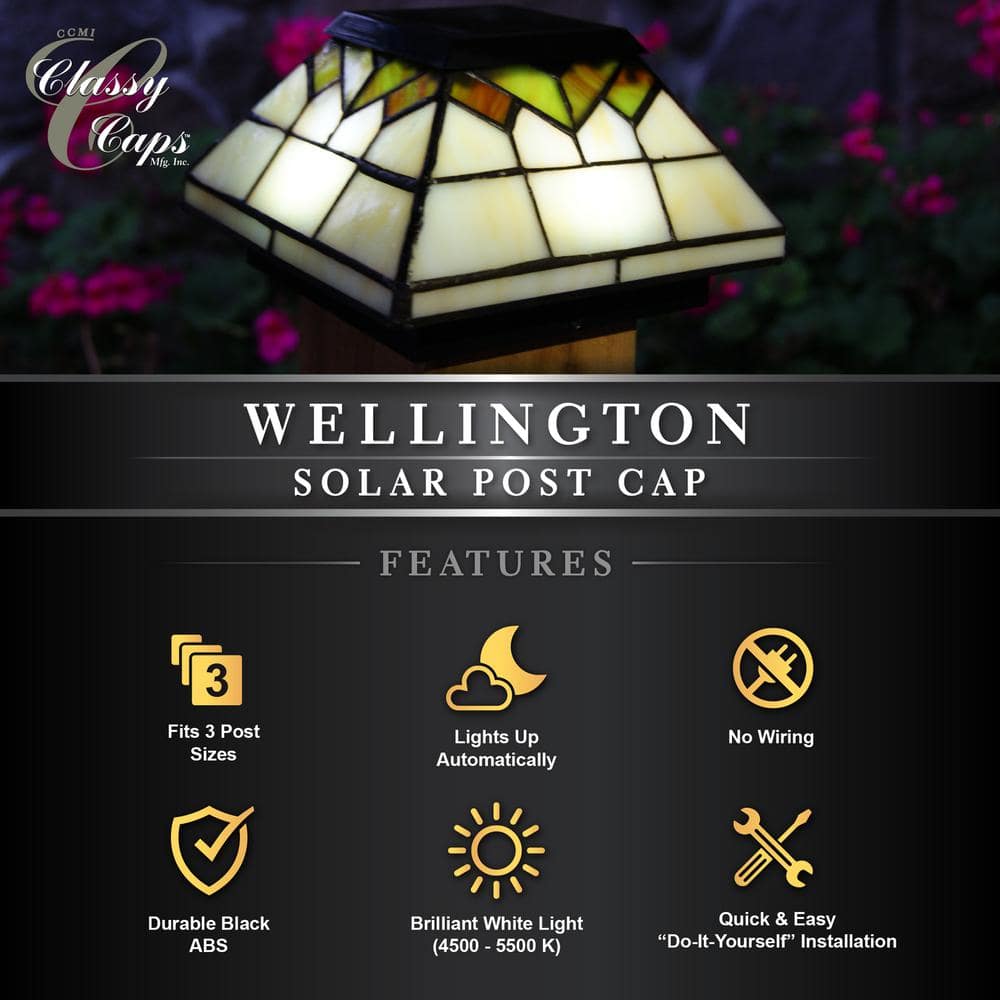 CLASSY CAPS Wellington 4 in. x 4 in./ 5 in. x 5 in. Outdoor Stain Glass Solar Post Cap (2-Pack)