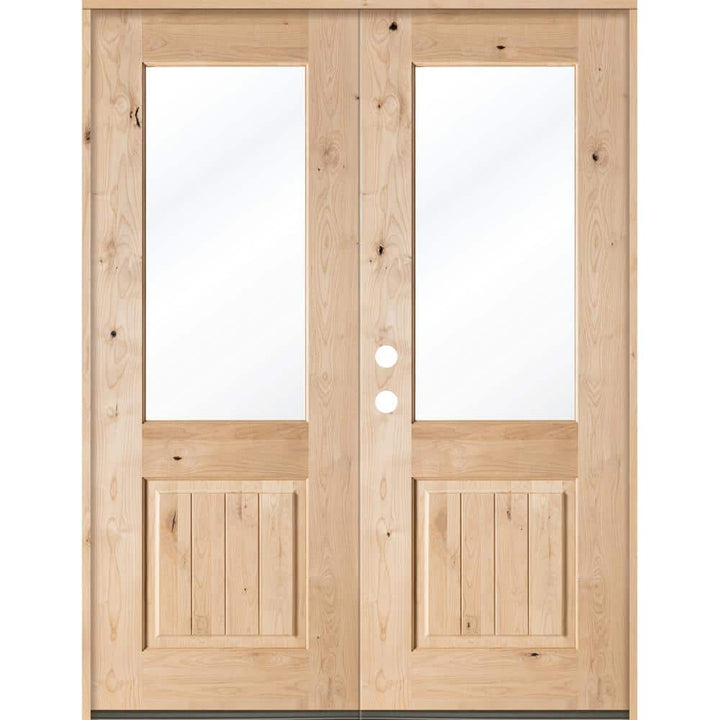 Krosswood Doors 64 in. x 96 in. Rustic Knotty Alder Clear Half-Lite Unfinished Wood with V-Groove Right Active Double Prehung Front Door