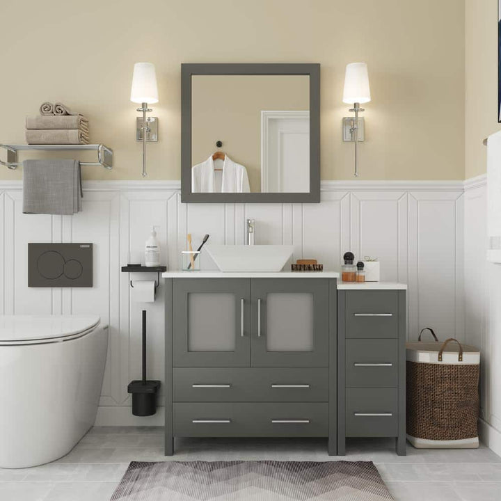 Vanity Art Ravenna 42 in. W Bathroom Vanity in Grey with Single Basin in White Engineered Marble Top and Mirror